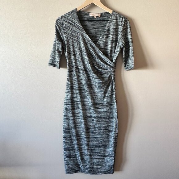 Women's XS Philosophy Half Sleeve Cross Bodice Dress Heathered Black Gray Stripe - Picture 2 of 7